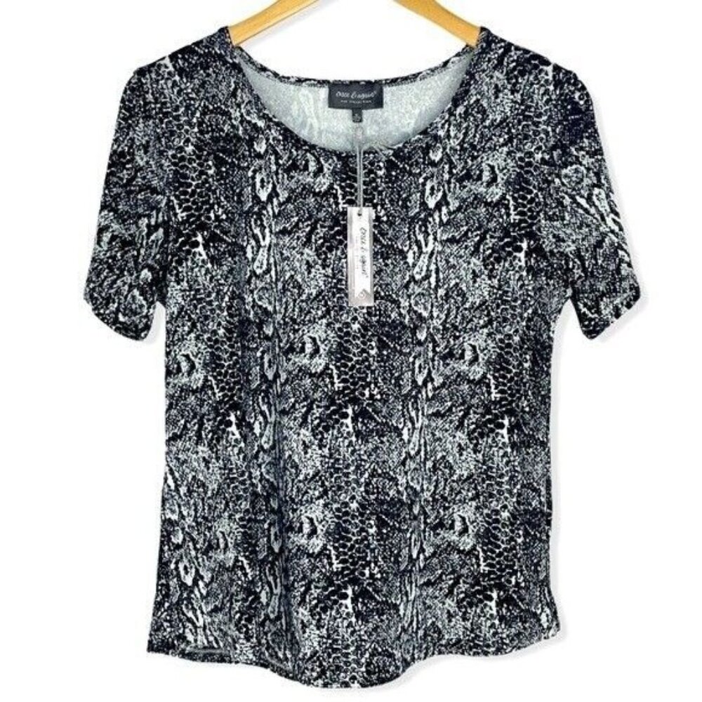 Snake Print Blouse Black White Women Size Medium Short Sleeve Once & Again